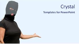  Presentation with happy sad mask - Slides having burglar terrorist woman wearing balaclava background and a  colored foreground