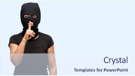  Presentation with new client interview wearing mask - PPT layouts with burglar terrorist woman wearing balaclava background and a white colored foreground