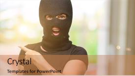  Presentation with lawyer client meeting wearing mask - Beautiful theme featuring burglar terrorist woman wearing balaclava backdrop and a  colored foreground