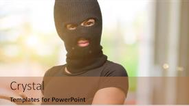  Presentation with new client interview wearing mask - Slides with burglar terrorist woman wearing balaclava ski mask holding something in empty hand background and a coral colored foreground