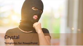  Presentation with ski - PPT theme having burglar terrorist woman wearing balaclava background and a coral colored foreground