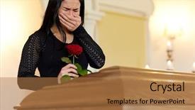  Presentation with people crying - PPT theme having burial people and mourning concept background and a coral colored foreground