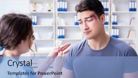  Presentation with female abstract black - Cool new PPT layouts with burn first aid - young man visiting female traumatologist backdrop and a light blue colored foreground