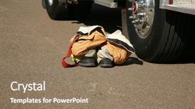  Presentation with fire truck - Presentation design with firefighter ladder - fire truck and firemen clothes background and a coral colored foreground