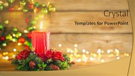  Presentation with christmas advent - Colorful presentation theme enhanced with burning christmas red candle and festive christmas arrangement on a wooden table christmas advent backdrop and a yellow colored foreground