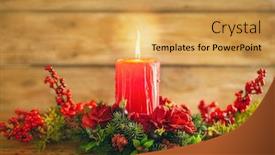  Presentation with christmas advent - Audience pleasing presentation consisting of burning christmas red candle and festive christmas arrangement on a wooden table christmas advent backdrop and a yellow colored foreground