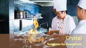  Presentation with healthy workplace full length side view - Presentation design consisting of burning flame - side view of chefs cooking background and a tawny brown colored foreground