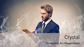  Presentation with fuse - PPT layouts having burning fuse - handsome businessman with tablet background and a soft green colored foreground