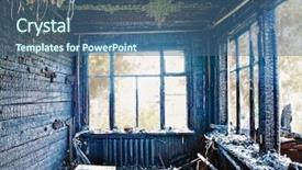  Presentation with old photo - Amazing PPT layouts having burning house - old abandoned burned interior photo backdrop and a ocean colored foreground