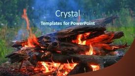  Presentation with forest fire - Presentation design featuring burning woods of camp fire on meadow in forest background and a ocean colored foreground