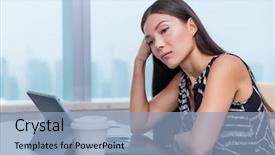  Presentation with front office - Presentation design consisting of burnout - bored or sad woman working background and a light blue colored foreground