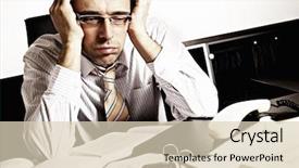  Presentation with desk - Slide deck consisting of burnout - worried businessman sitting at office background and a soft green colored foreground