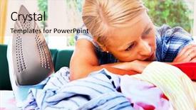  Presentation with donation food clothes - PPT theme with burnout - young housewife with iron background and a coral colored foreground