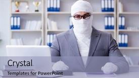  Presentation with injury - Audience pleasing slide set consisting of burns injury - bandaged businessman worker working backdrop and a light blue colored foreground