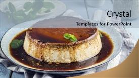  Presentation with creme caramel dessert - Theme consisting of burnt cake - creme brulee background and a  colored foreground