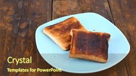 Presentation with burnt - Slide deck enhanced with burnt toast bread on turquoise plate on wooden table background background and a tawny brown colored foreground