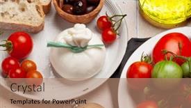  Presentation with italian cuisine - Slides having burrata-cheese-various-tomatoes background and a coral colored foreground