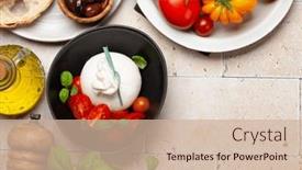  Presentation with italian cuisine - Presentation design having burrata-cheese-various-tomatoes background and a soft green colored foreground