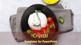 Presentation with italian cuisine - PPT layouts having burrata-cheese-various-tomatoes background and a tawny brown colored foreground