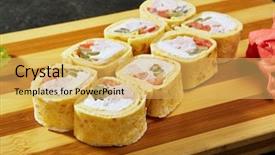  Presentation with cucumber cream - Audience pleasing PPT theme consisting of burrito maki sushi - roll made backdrop and a yellow colored foreground