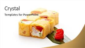  Presentation with cucumber cream - Beautiful slide deck featuring burrito maki sushi - roll made of smoked chicken breast cream cheese cucumber and bell pepper inside mexican pancake outside backdrop and a white colored foreground