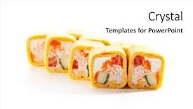  Presentation with pancake - Audience pleasing presentation consisting of burrito maki sushi - roll made of crab mix cream cheese cucumber and tomato inside mexican pancake outside backdrop and a white colored foreground