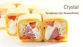  Presentation with pancake - Presentation theme consisting of burrito maki sushi - roll made of smoked salmon and cream cheese inside mexican pancake outside background and a cream colored foreground