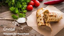  Presentation with breakfast burrito - Audience pleasing theme consisting of burrito on parchment with vegetables backdrop and a coral colored foreground