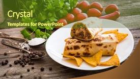  Presentation with border organic vegetables on wood - Audience pleasing presentation design consisting of burrito with chips on plate backdrop and a tawny brown colored foreground