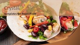  Presentation with tortilla - Audience pleasing PPT theme consisting of burrito-with-vegetables-and-tortilla backdrop and a coral colored foreground