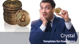  Presentation with crash - Slides having bursting bubble - businessman sad about bitcoin price background and a navy blue colored foreground