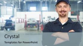  Presentation with garage car - Slide deck enhanced with bus garage - smiling repairman with tire wrench background and a  colored foreground