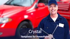  Presentation with car service - Cool new PPT theme with bus garage - smiling repairman with tire wrench backdrop and a navy blue colored foreground