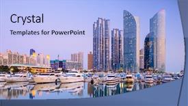  Presentation with korea - Amazing PPT theme having busan south korea city skyline backdrop and a light blue colored foreground