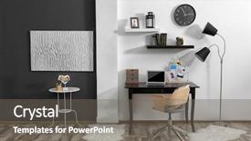  Presentation with workplace - Cool new PPT theme with monitor wall - workplace with laptop on table backdrop and a gray colored foreground