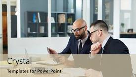  Presentation with data - Amazing slide deck having businesman pointing at online data backdrop and a soft green colored foreground