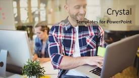  Presentation with laptop - Amazing slide deck having businesman-using-laptop-with-female backdrop and a coral colored foreground