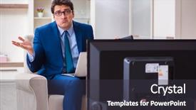  Presentation with watching tv - Theme having businesman watching tv in office background and a  colored foreground