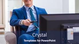  Presentation with office - Slide deck having businesman watching tv in office background and a ocean colored foreground