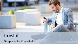  Presentation with coffee - Beautiful presentation design featuring business - businessman on park bench backdrop and a light blue colored foreground