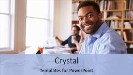  Presentation with business office desk - Theme featuring business - businessman using laptop at desk background and a light blue colored foreground