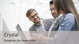  Presentation with employees working together - Audience pleasing PPT theme consisting of business - close up employees discussing working backdrop and a light gray colored foreground