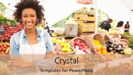  Presentation with food market - Presentation design with business - female stall holder at farmers background and a coral colored foreground