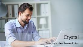  Presentation with laptop - Slide set enhanced with business - handsome businessman working with laptop background and a light blue colored foreground