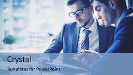  Presentation with project - PPT theme consisting of business - image of two young businessmen background and a light blue colored foreground