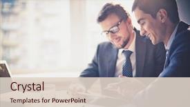  Presentation with meeting - Slide set consisting of business - image of two young businessmen background and a lemonade colored foreground