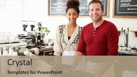  Presentation with coffee shop - Presentation design consisting of business - male and female staff background and a coral colored foreground