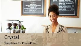  Presentation with college coffee shop - Theme featuring business - male and female staff background and a coral colored foreground