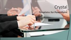  Presentation with meeting - Presentation having business - meeting in an office background and a soft green colored foreground