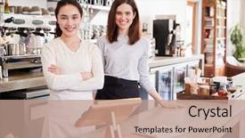  Presentation with coffee shop - PPT theme having business - two female coffee shop owners background and a coral colored foreground